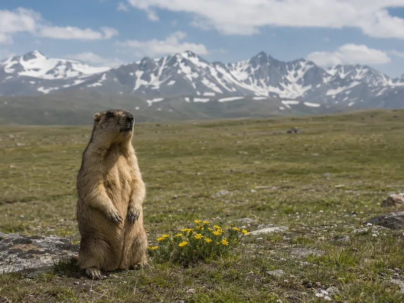 A Himalayan marmot standing upright among summer wildflowers on the Deosai plains, the empty plateau behind it.