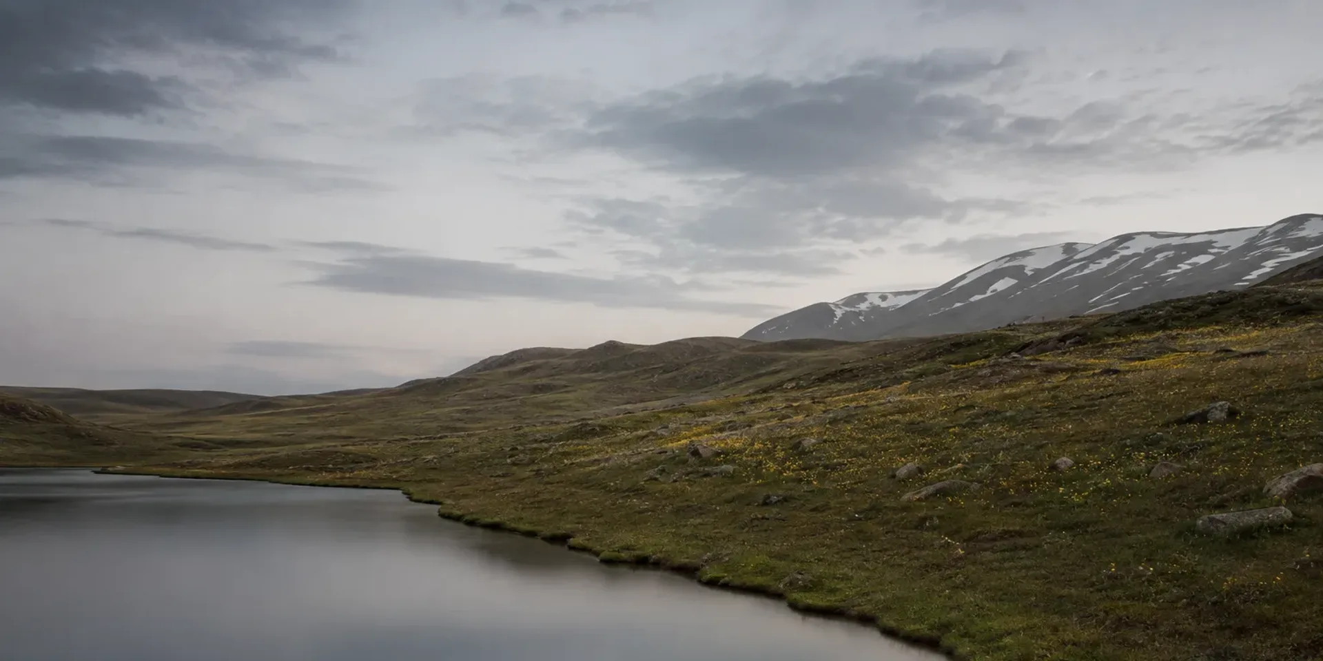Sheosar Lake lying mirror-flat on the Deosai plateau at 4,000 metres, wildflower grassland rolling away to snow-streaked hills.