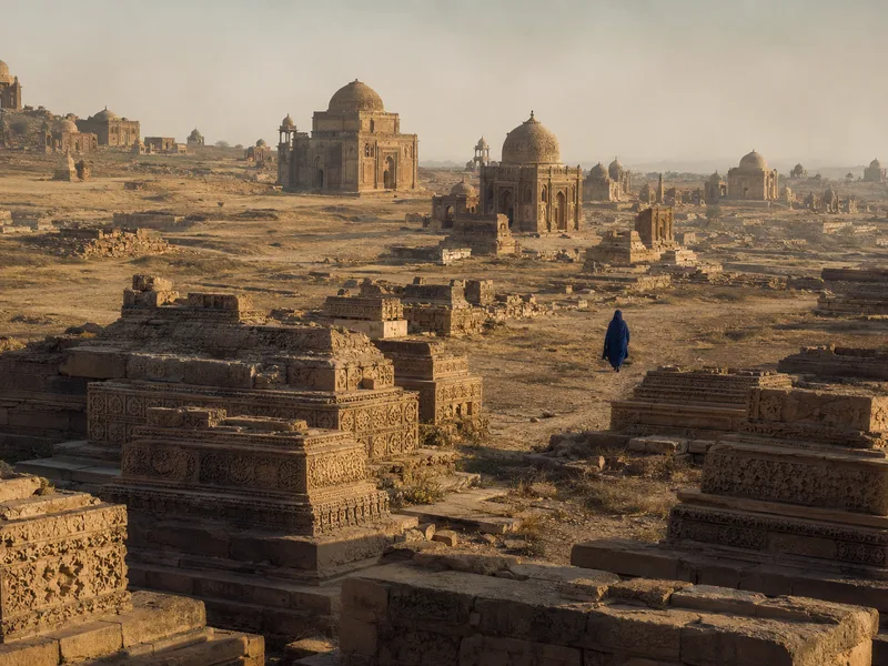 Weathered carved sandstone tombs and domed mausolea of the Makli necropolis on a dry plateau in warm late light.