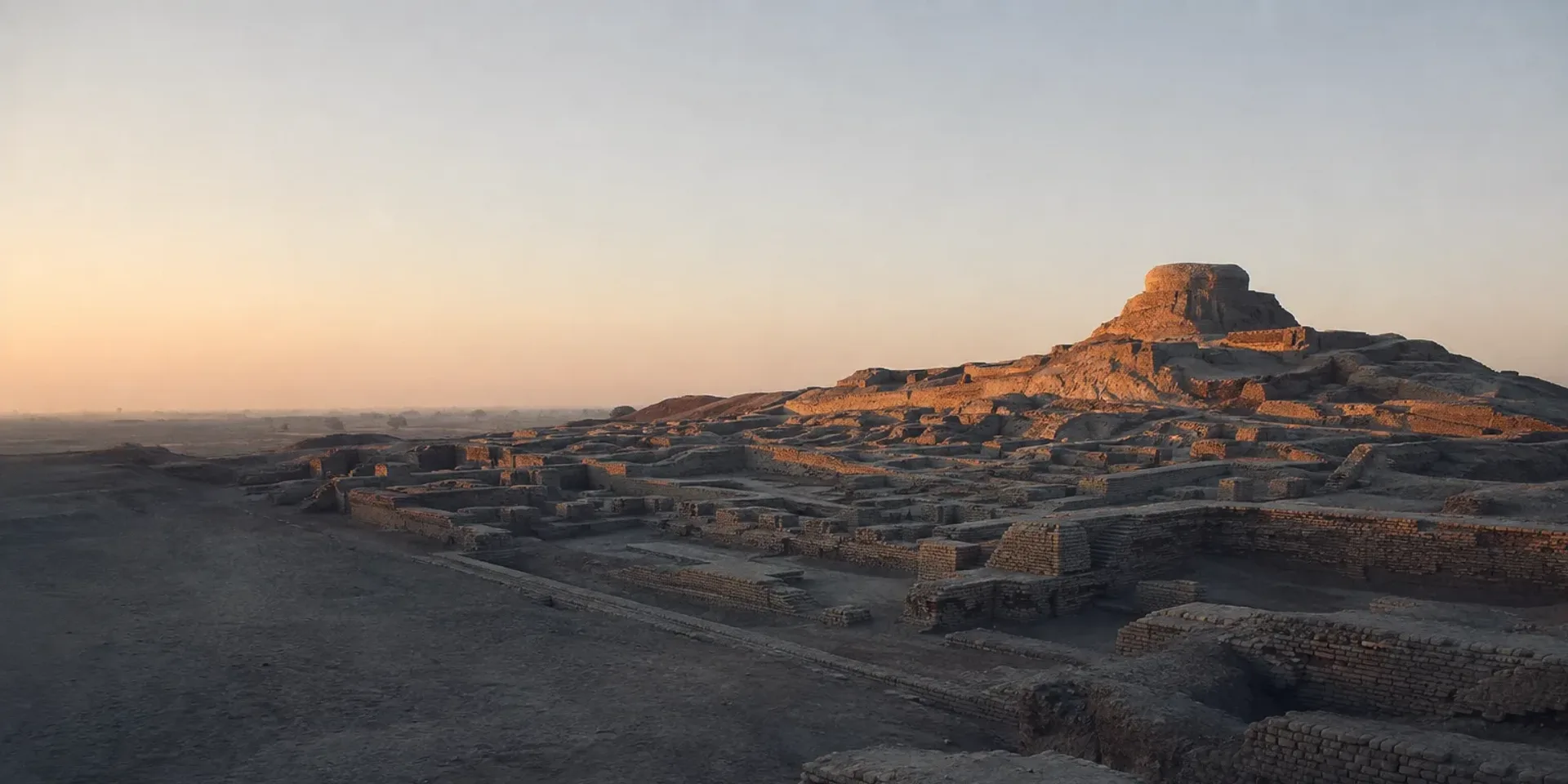 The excavated mud-brick streets of Mohenjo-daro at first light stretching to a flat horizon under a huge pale sky.