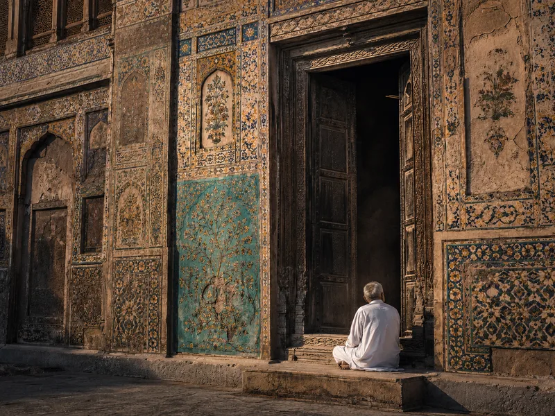 An elderly man in a white kurta sitting in the doorway of the Wazir Khan Mosque in Lahore, surrounded by kashi-kari tilework.