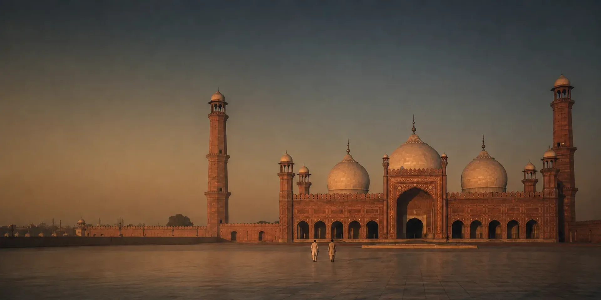The Badshahi Mosque in Lahore at golden hour, its red sandstone facade and marble domes glowing above an empty marble courtyard.