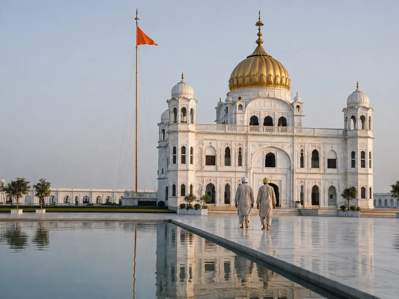 The gilded dome and white marble facade of a Sikh gurdwara in warm early light, still water in the foreground.