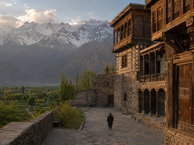 The carved wooden balconies of Shigar Fort above its courtyard, the green Shigar valley and Karakoram snow behind.