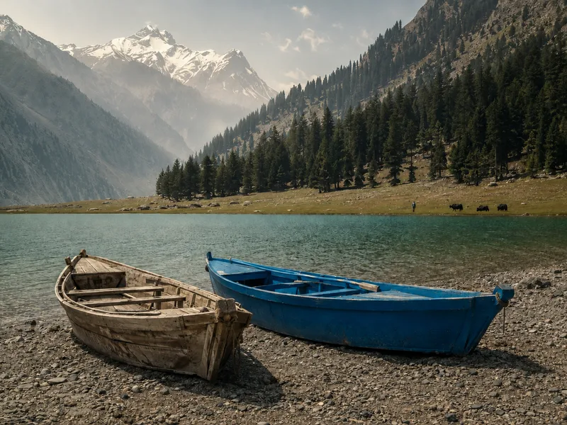Two wooden rowing boats, one painted blue, drawn up on the shingle at Mahodand Lake with deodar forest and snow peaks behind.