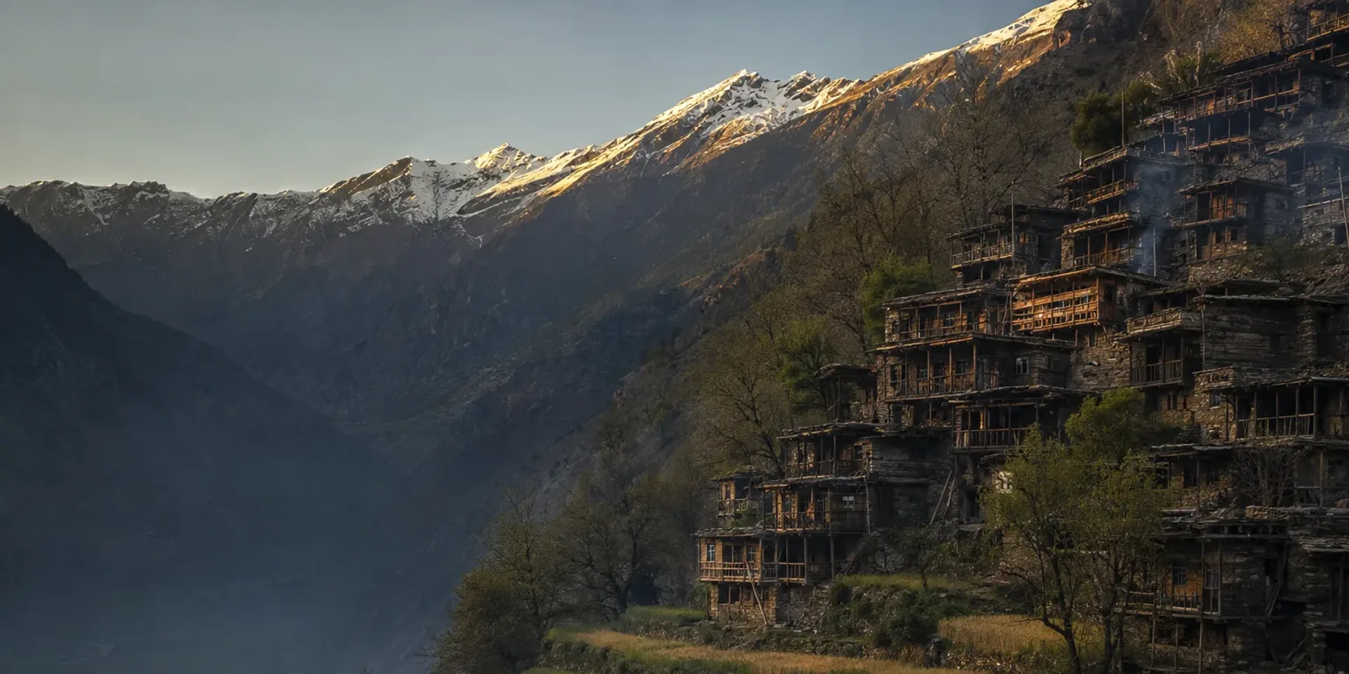 The Bumburet valley in Chitral in late afternoon, Kalash timber houses stacked up the hillside among walnut trees.