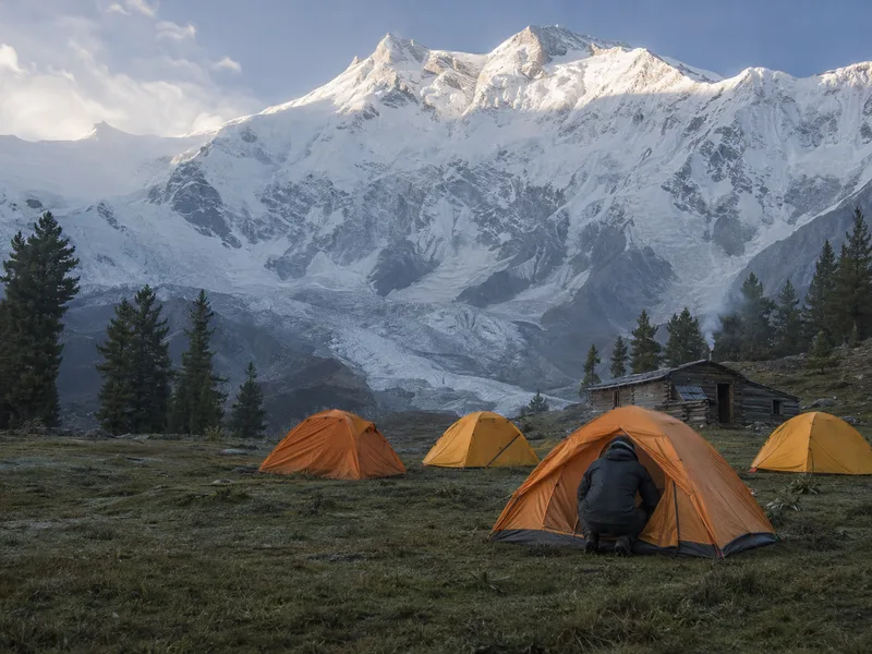 Orange and yellow dome tents pitched among the pines at Fairy Meadows with the ice face of Nanga Parbat rising behind.
