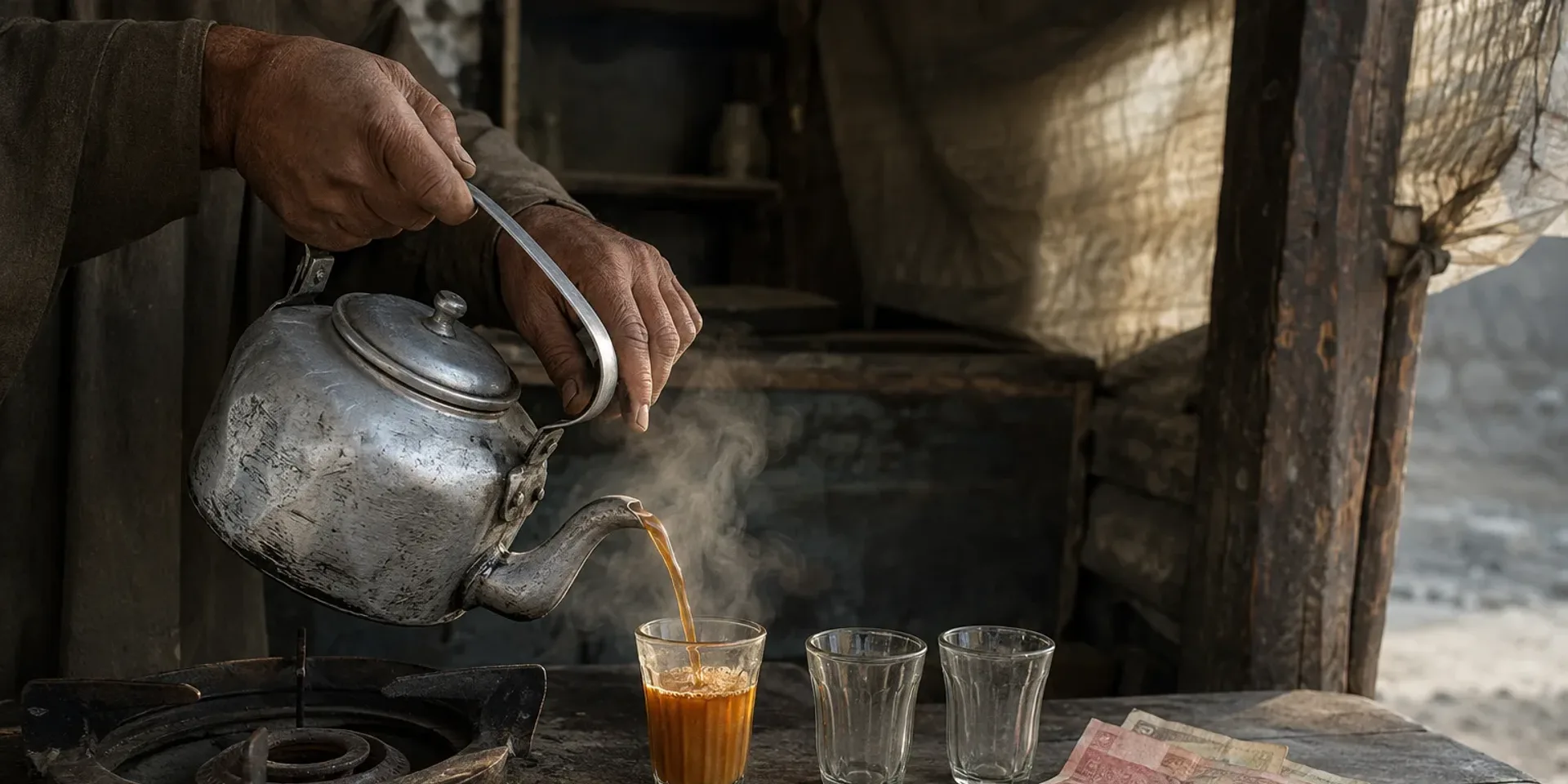 A roadside chai stall in northern Pakistan, a kettle on a gas ring with glass cups and rupee notes on the counter.