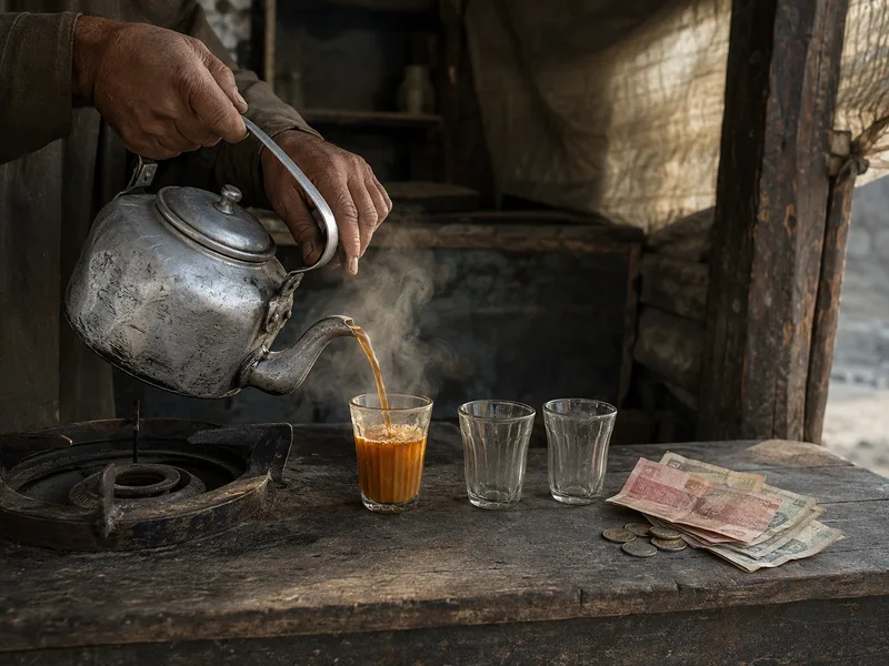 A roadside chai stall in northern Pakistan, a kettle on a gas ring with glass cups and rupee notes on the counter.
