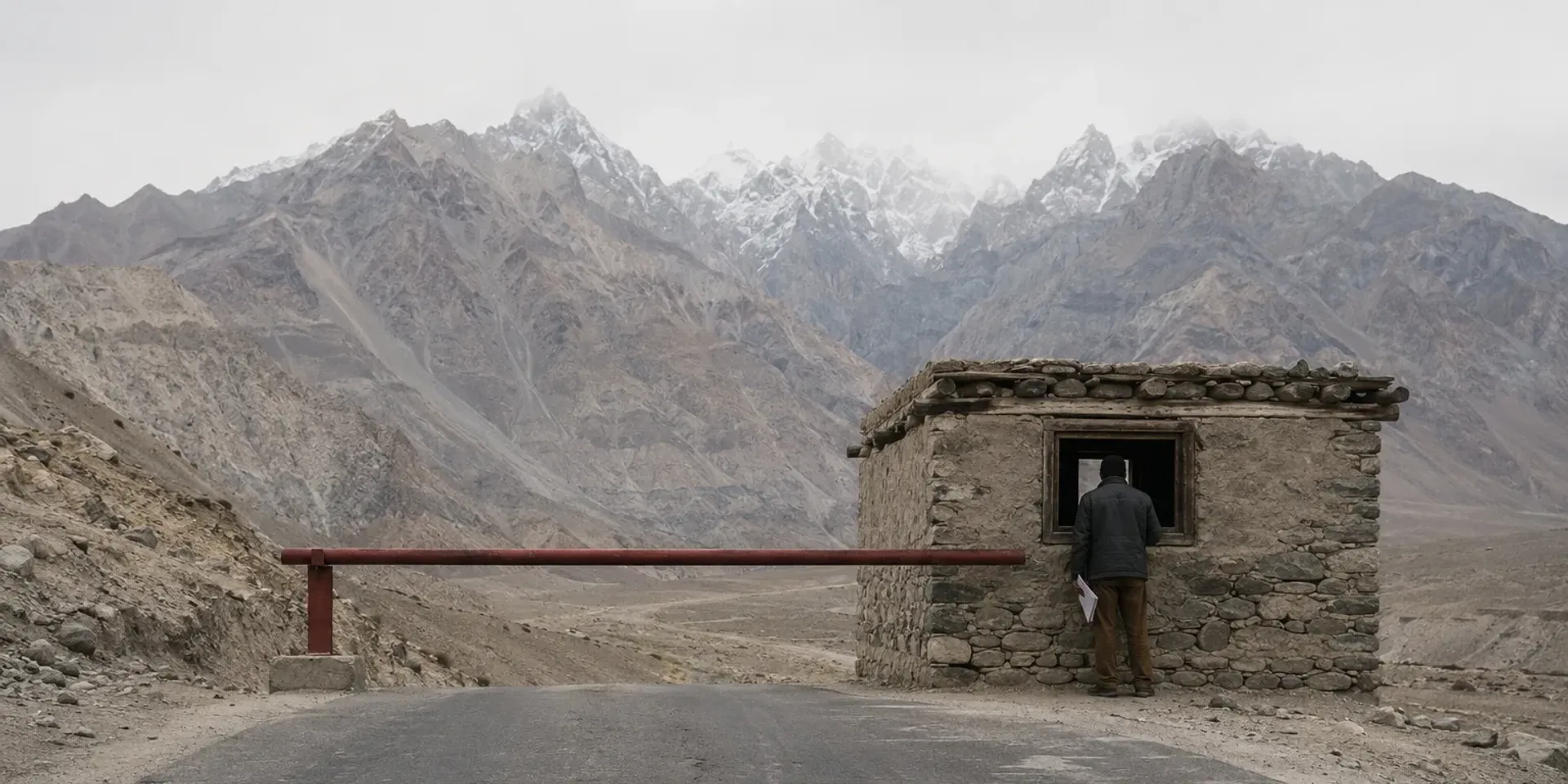 A barrier pole across an empty mountain road at a checkpost in Gilgit-Baltistan, bare peaks behind.