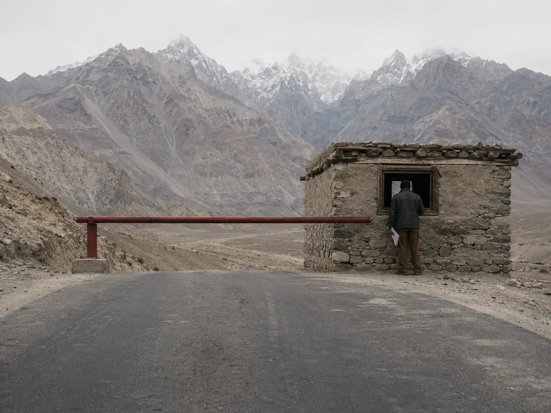 A barrier pole across an empty mountain road at a checkpost in Gilgit-Baltistan, bare peaks behind.