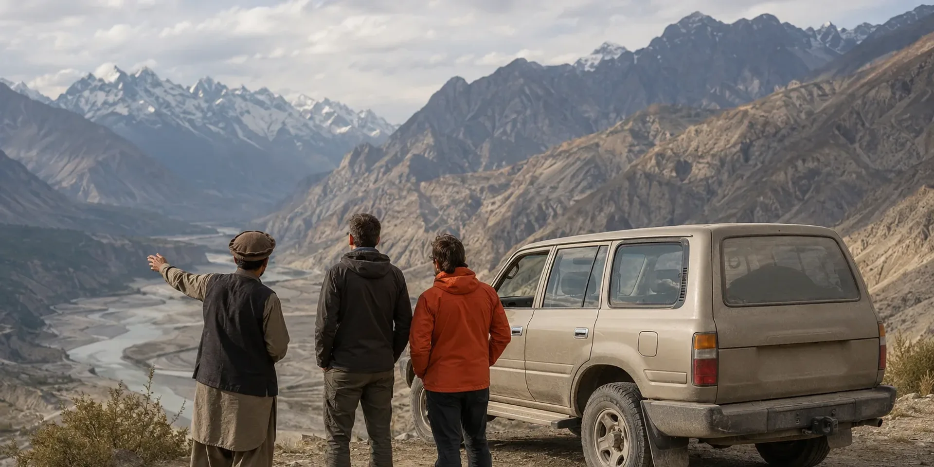 A local guide and two travellers standing beside a parked 4x4 at a mountain viewpoint, looking out over the valley.