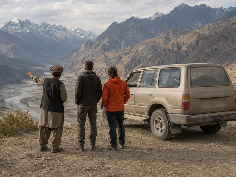 A local guide and two travellers standing beside a parked 4x4 at a mountain viewpoint, looking out over the valley.