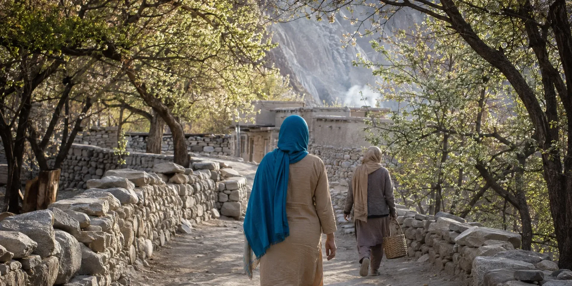 A woman traveller in a shalwar kameez and scarf walking a village lane in Hunza behind a local woman carrying a basket.