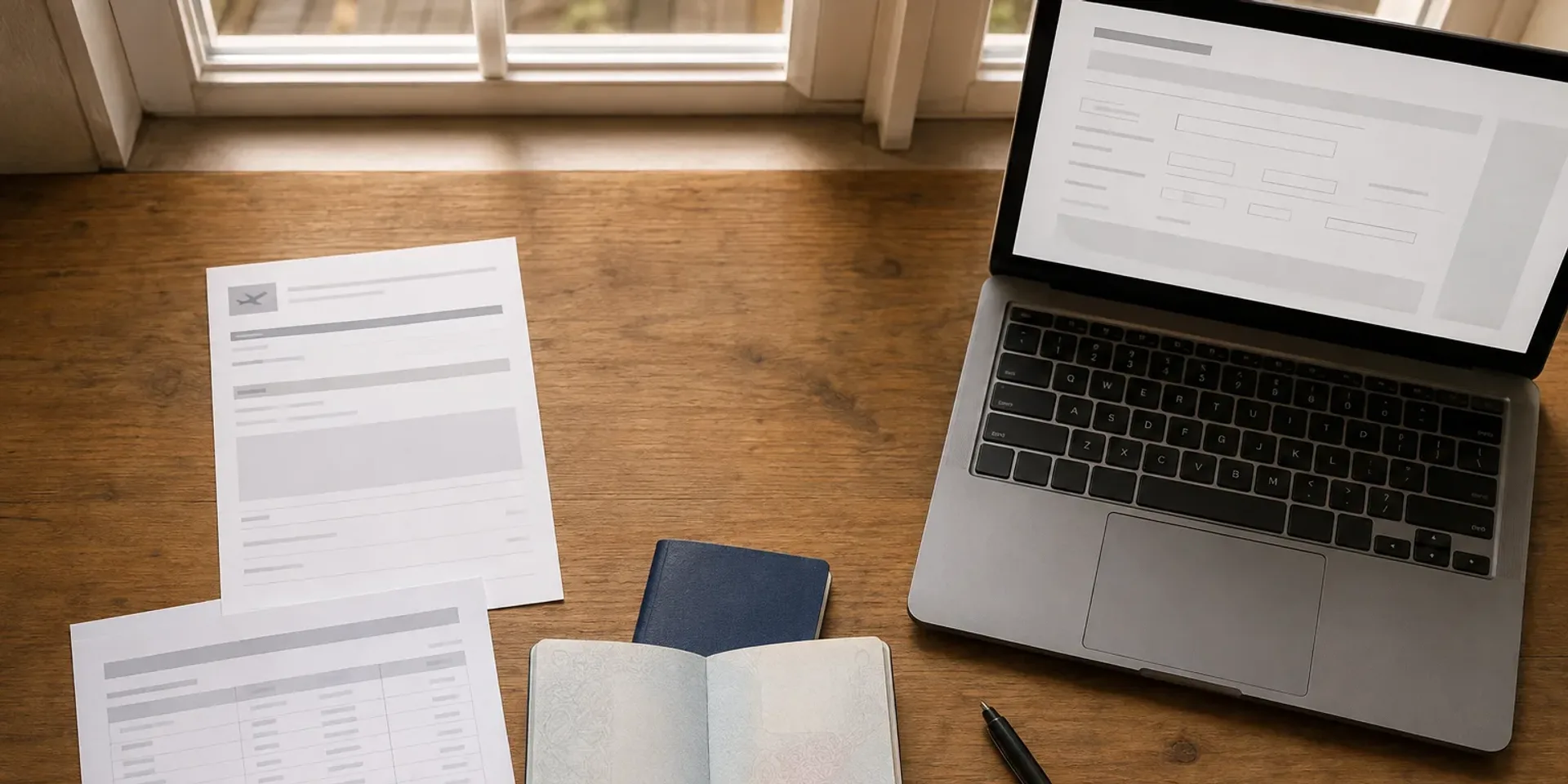 A passport, printed forms and a laptop laid out on a wooden desk in daylight, ready for a visa application.