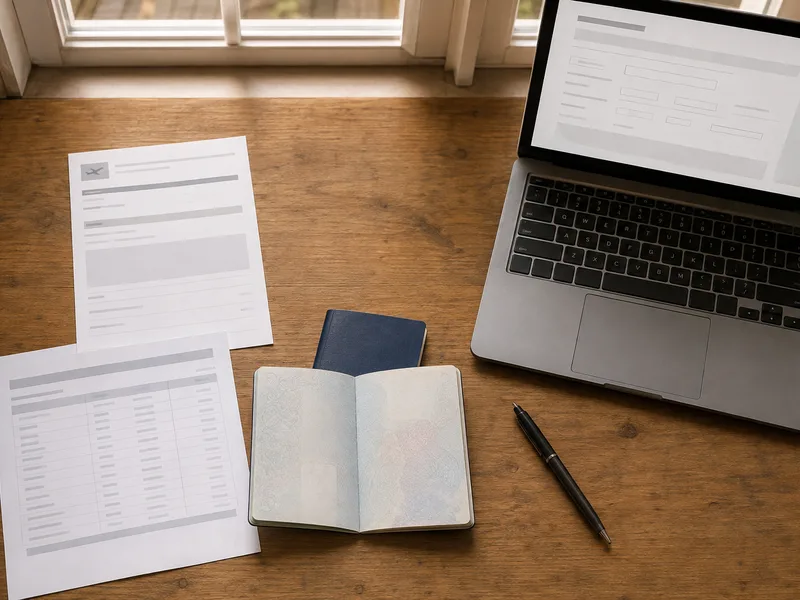 A passport, printed forms and a laptop laid out on a wooden desk in daylight, ready for a visa application.