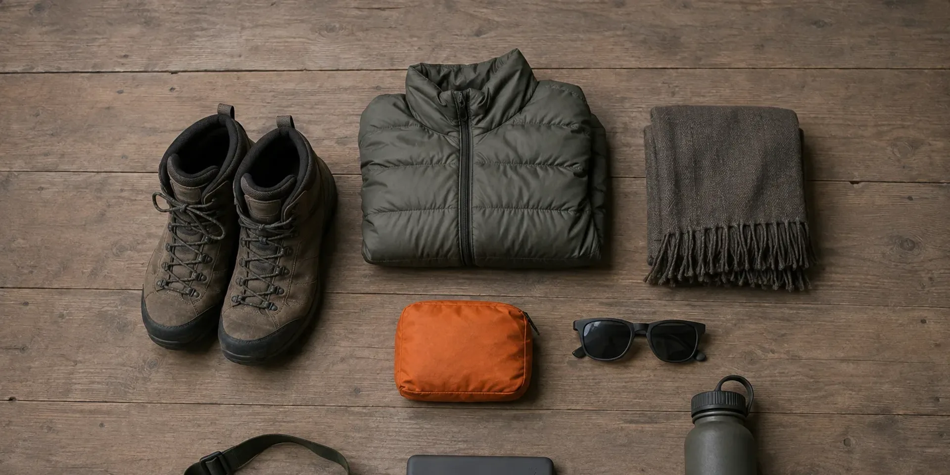 Trekking kit laid out on a wooden floor seen from above — boots, a down jacket, a scarf, a headtorch and a water bottle.