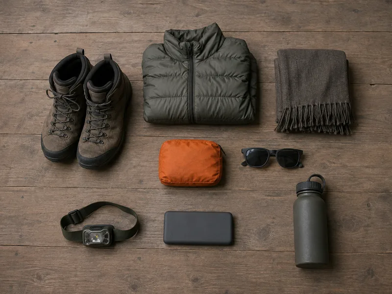 Trekking kit laid out on a wooden floor seen from above — boots, a down jacket, a scarf, a headtorch and a water bottle.