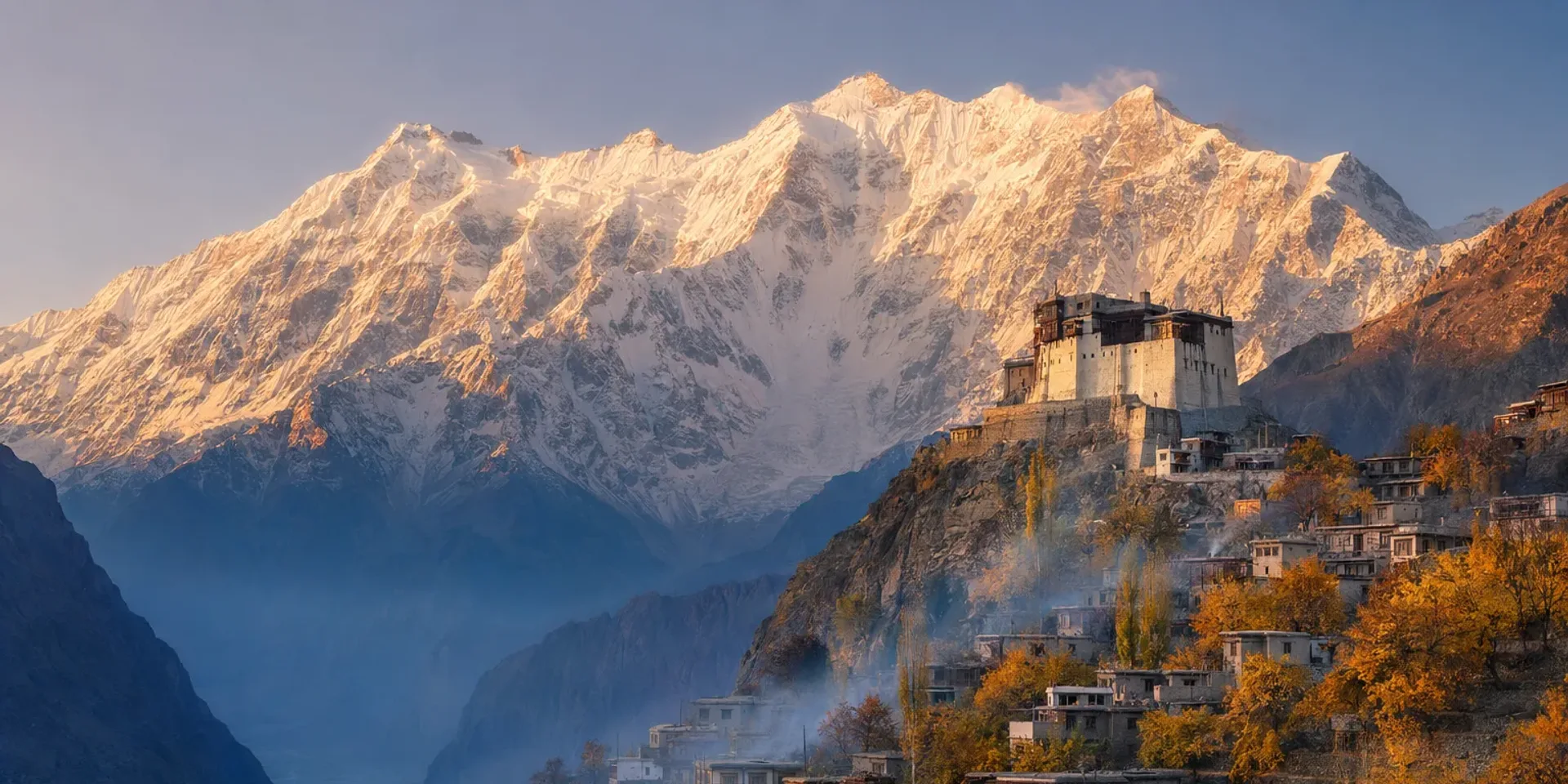 Baltit Fort on its spur above the autumn orchards of Karimabad, the snow face of Rakaposhi lit by the last of the sun behind it.