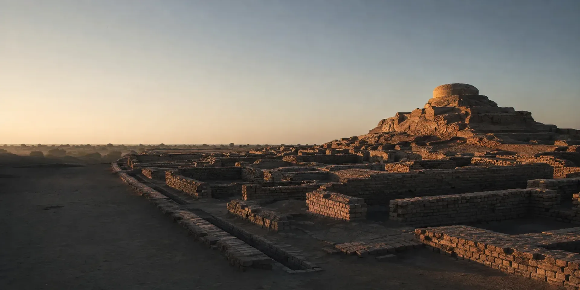 The excavated mud-brick streets of Mohenjo-daro at first light, stretching to a flat horizon under a huge pale sky.