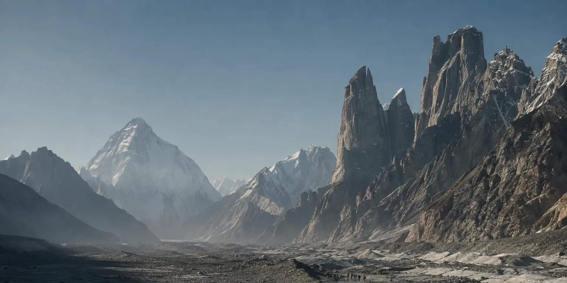 The Baltoro glacier below Concordia with K2 standing at the head of the valley and a line of porters tiny on the ice.