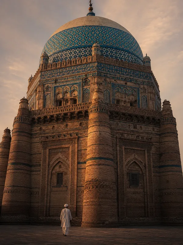 The tapering brick and blue-tiled dome of the shrine of Shah Rukn-e-Alam in Multan against a warm evening sky.