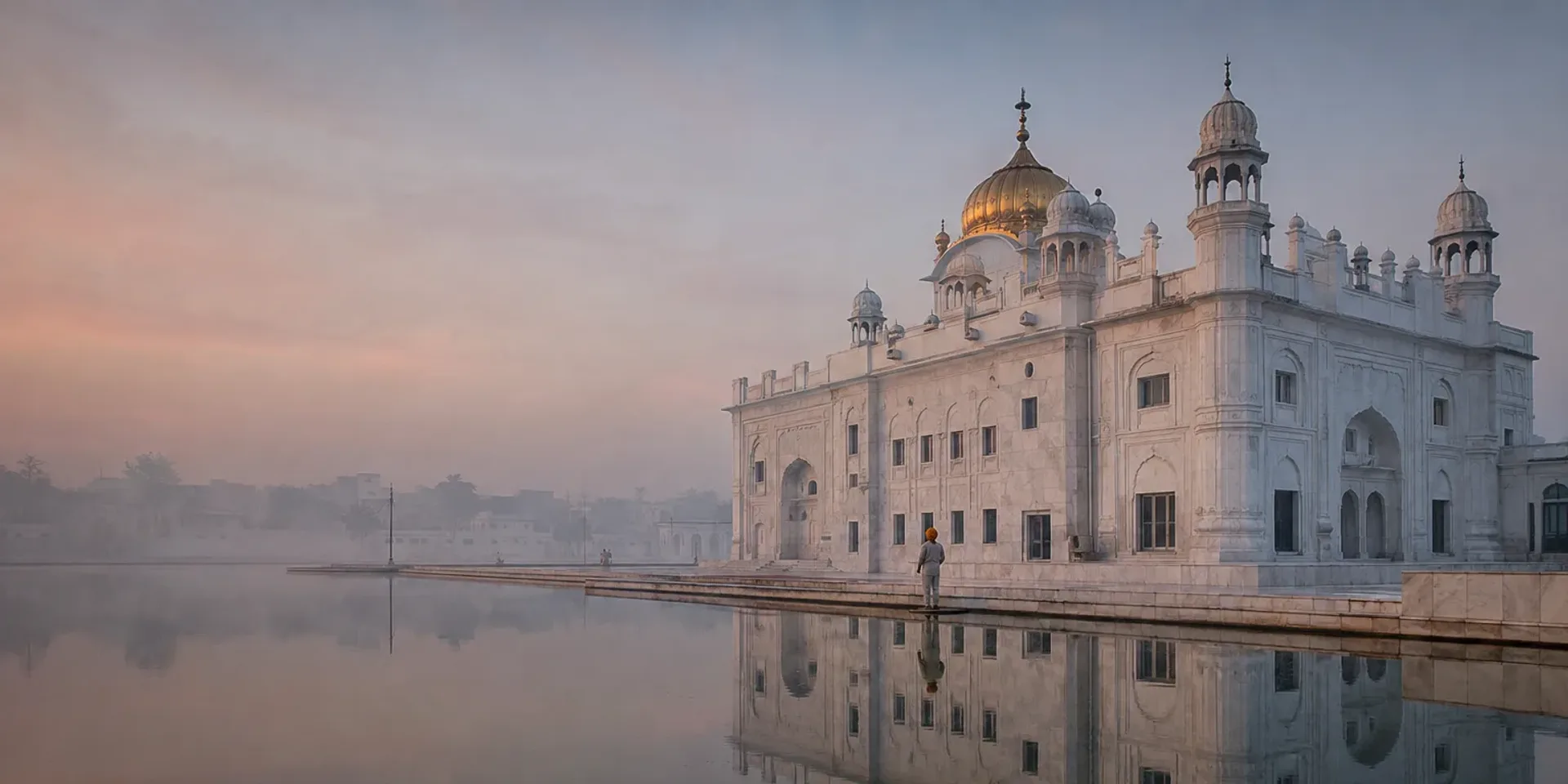 A white marble gurdwara with a gilded dome at dawn, reflected in the still water of the sarovar.