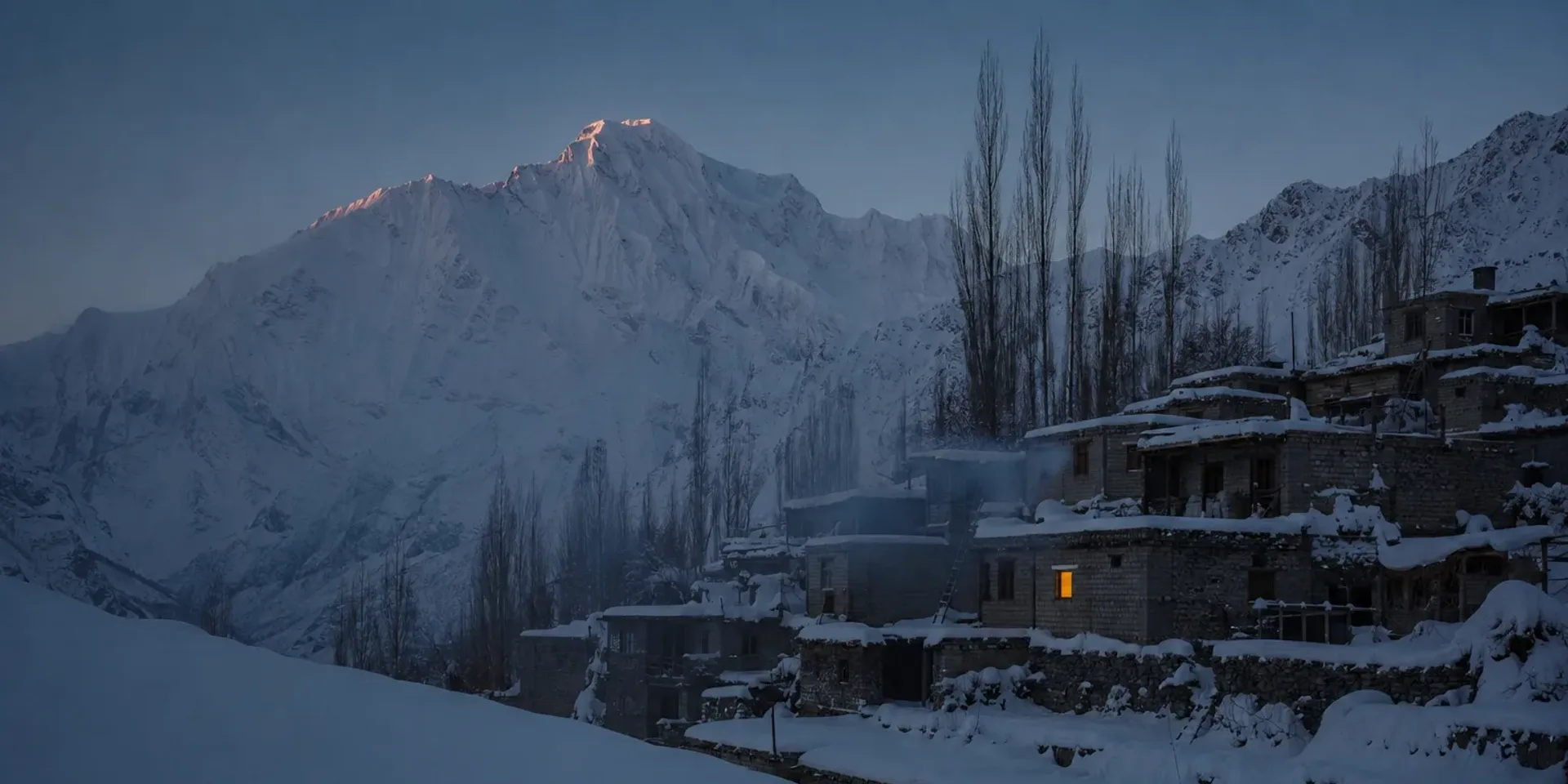 Karimabad under deep winter snow at blue hour, one window lit warm, Rakaposhi behind catching the last alpenglow.